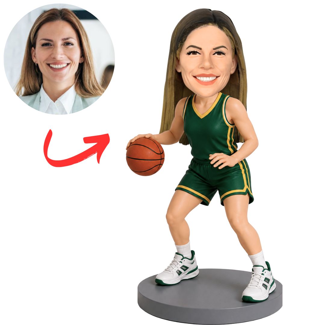 Female Basketball Player in Green Uniform Dribbling Custom Bobblehead