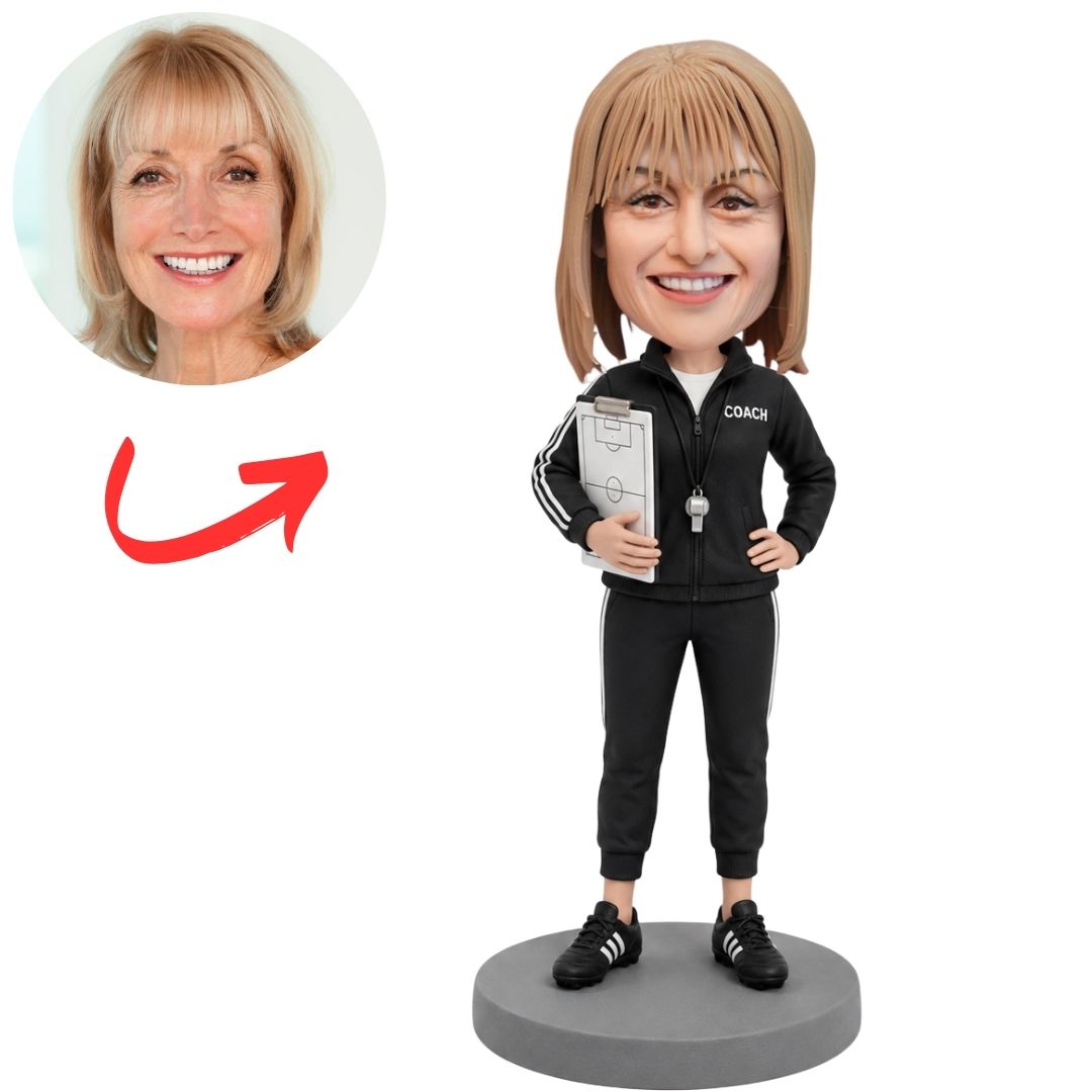 Female Soccer Coach in Black Tracksuit Holding Clipboard Custom Bobblehead