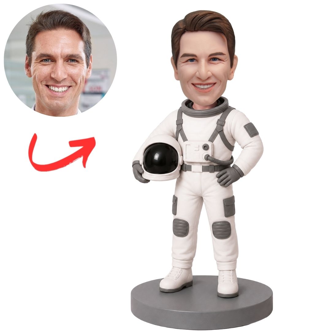 Astronaut in White Suit with Black Panels Holding Helmet Custom Bobblehead