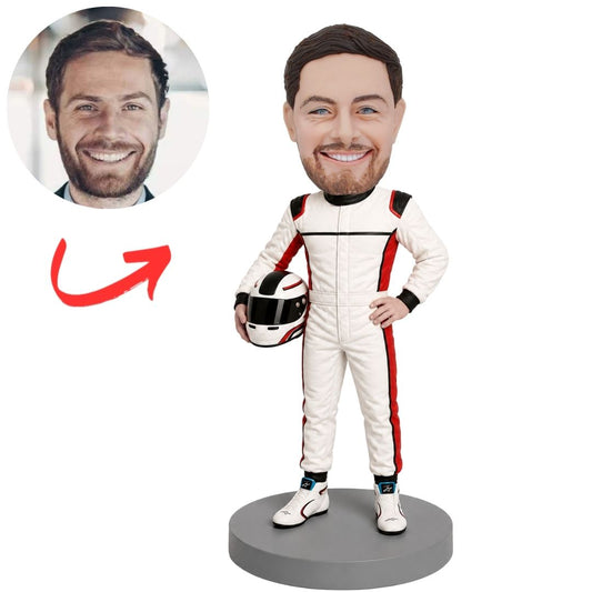 Race Car Driver in White Suit Holding Helmet Custom Bobblehead