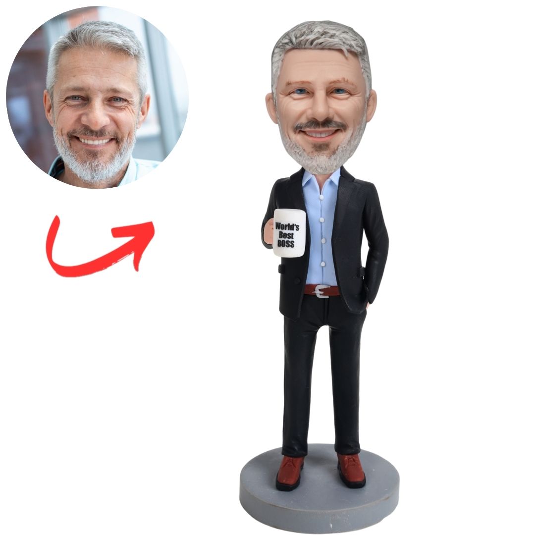 Male Boss in Black Suit Holding World's Best Boss Mug Custom Bobblehead
