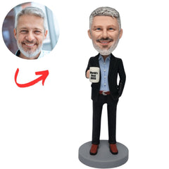 Male Boss in Black Suit Holding World's Best Boss Mug Custom Bobblehead