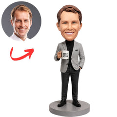 Male Boss in Gray Suit and Black Turtleneck Holding a Best Boss Mug Custom Bobblehead