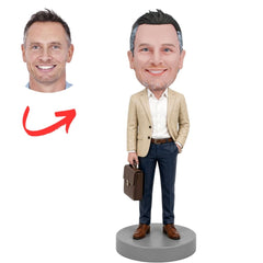 Male Boss in Beige Blazer Carrying a Leather Briefcase Custom Bobblehead
