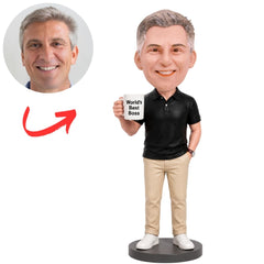 Older Male Boss in Black Polo Holding a World's Best Boss Mug Custom Bobblehead
