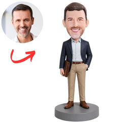 Male Boss in Navy Jacket Carrying a Leather Portfolio Custom Bobblehead