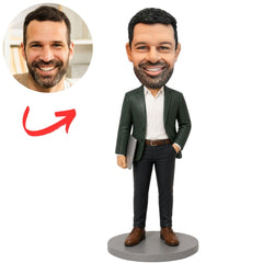 Bearded Male Boss in Green Blazer Holding a Laptop Sleeve Custom Bobblehead