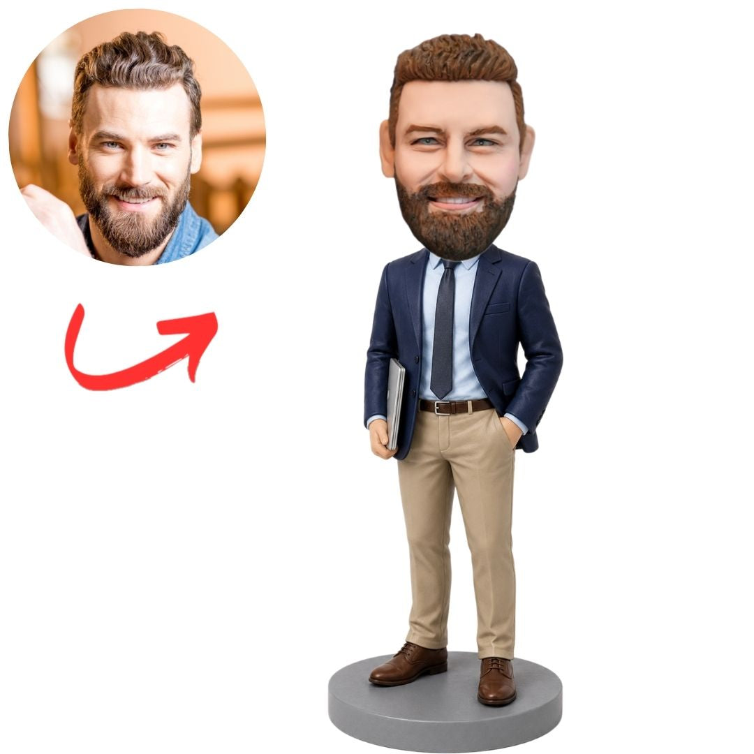 Bearded Male Boss in Navy Blazer Carrying a Laptop Custom Bobblehead