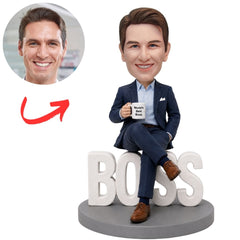 Seated Boss in Navy Blazer with World's Best Boss Mug Custom Bobblehead