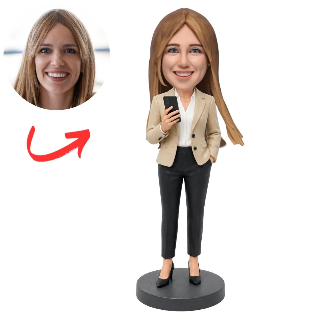 Female Boss in Beige Blazer Holding a Smartphone Custom Bobblehead