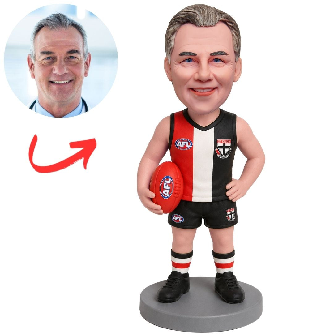 St Kilda Australian Football Player in Red, Black and White Uniform Custom Bobblehead