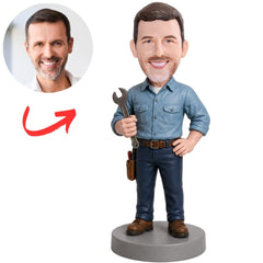 Worker Holding Wrench Custom Bobblehead in Blue Shirt