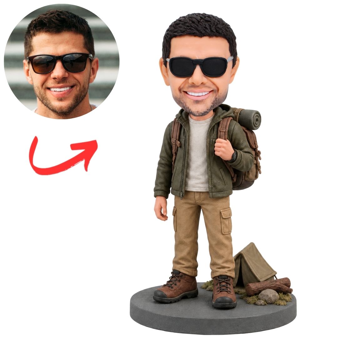 Custom Camper Bobblehead with Backpack beside Campfire
