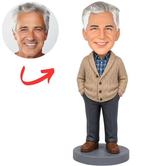 Grandpa in Tan Cardigan Custom Bobblehead with Hands in Pockets