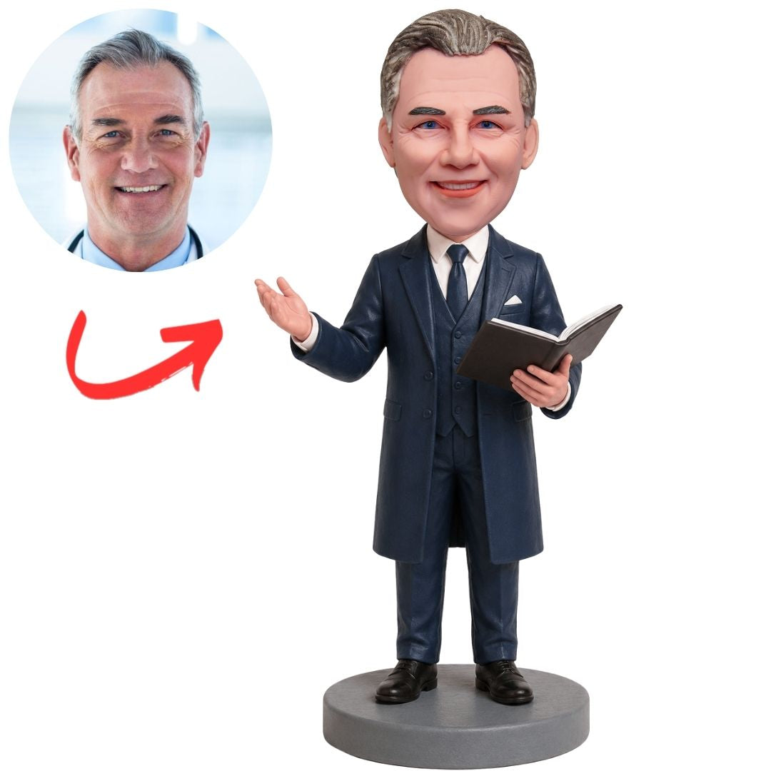 Officiant in Navy Suit with Raised Hand Custom Bobblehead