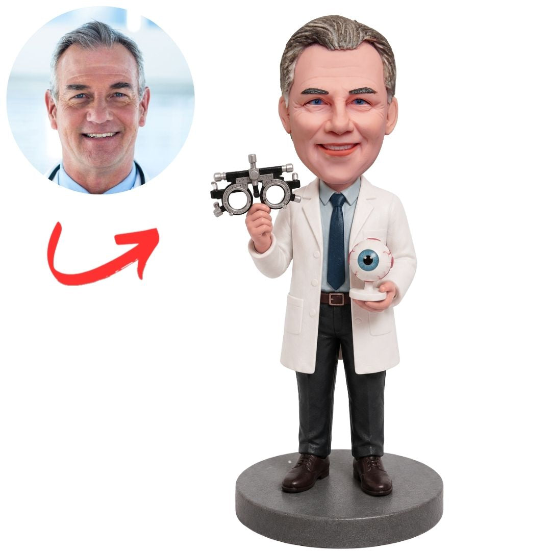 Custom Optometrist Bobblehead with Eye Model and Examination Lens