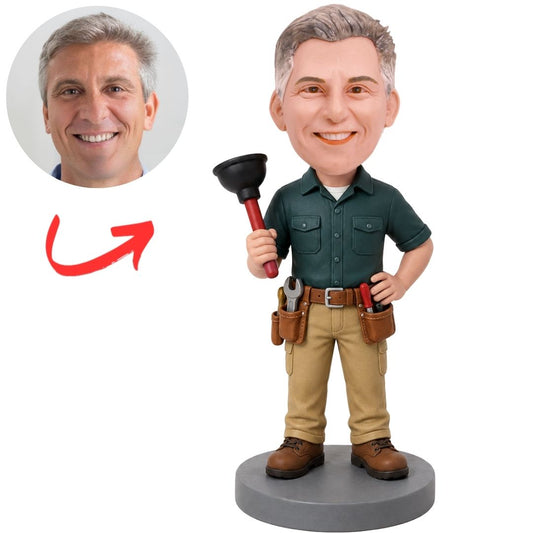 Plumber with Plunger Custom Bobblehead in Green Shirt