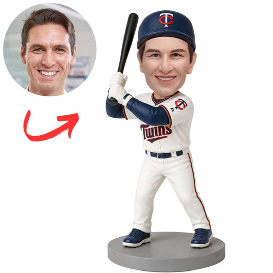 Custom Minnesota Twins Baseball Batter Bobblehead in White with Navy Sleeves