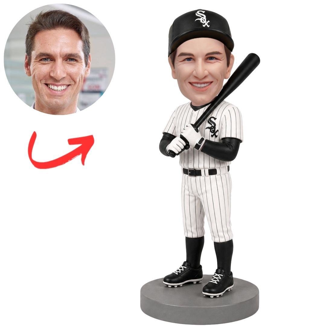 Custom Chicago White Sox Baseball Batter Bobblehead with Black Bat
