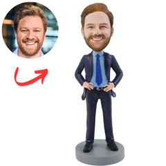 Custom Businessman Bobblehead in Navy Suit and Blue Tie