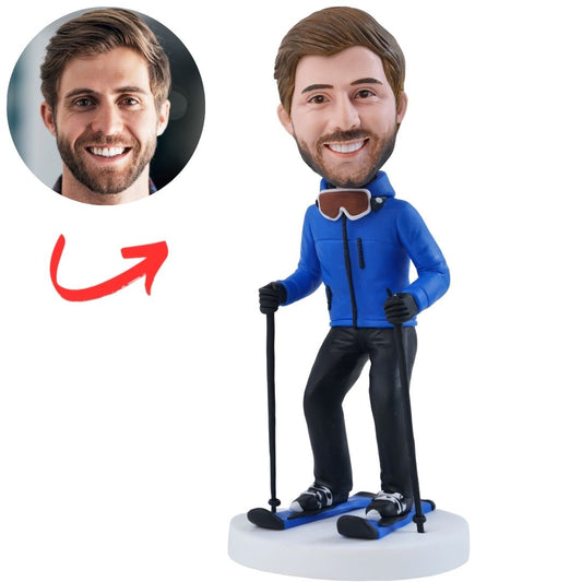 Custom Skier Bobblehead with Blue Jacket Skis and Poles