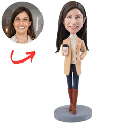 Woman in Tan Coat Holding Coffee Custom Bobblehead