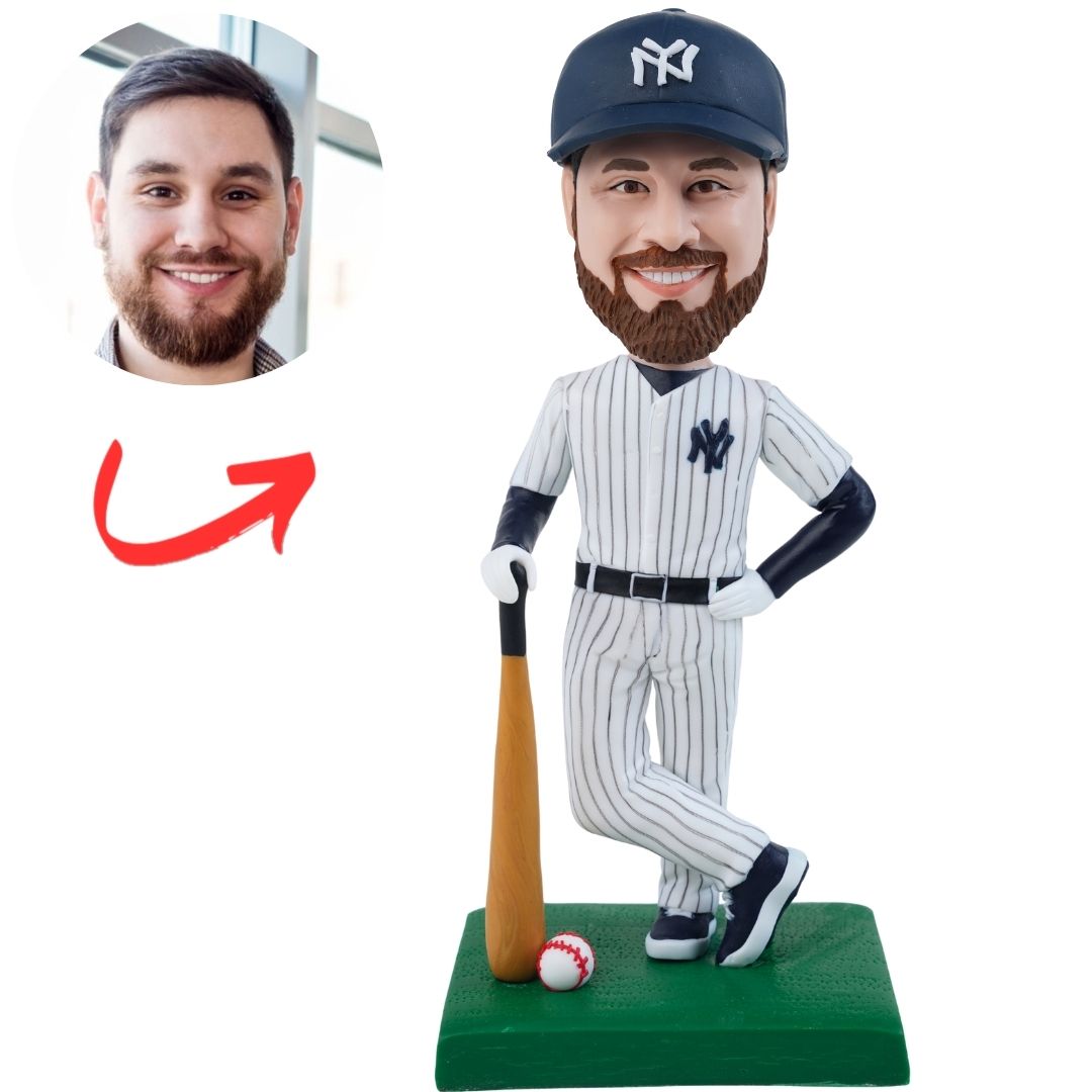 New York Yankees NY Baseball Player Leaning on Bat Custom Bobblehead