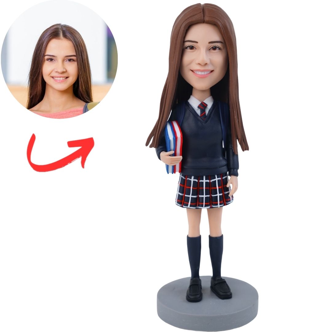 Custom Schoolgirl Bobblehead with Books and Plaid Skirt