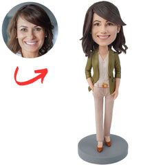 Custom Businesswoman Bobblehead in Olive Blazer and Beige Pants