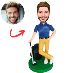 Blue Shirt Golf Player And Bag Custom Bobbleheads