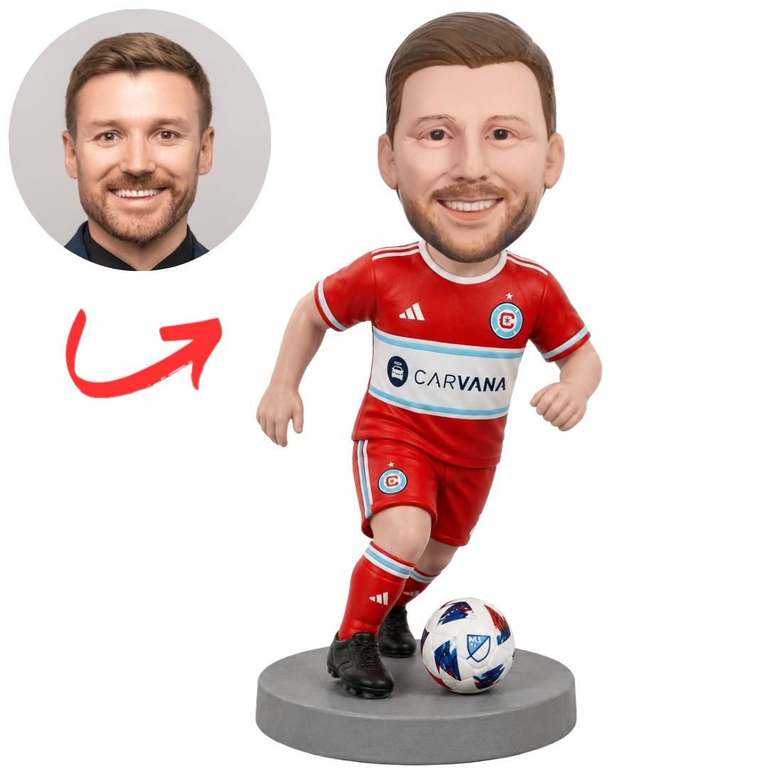Chicago Fire Soccer Player with Ball at Foot Custom Bobblehead