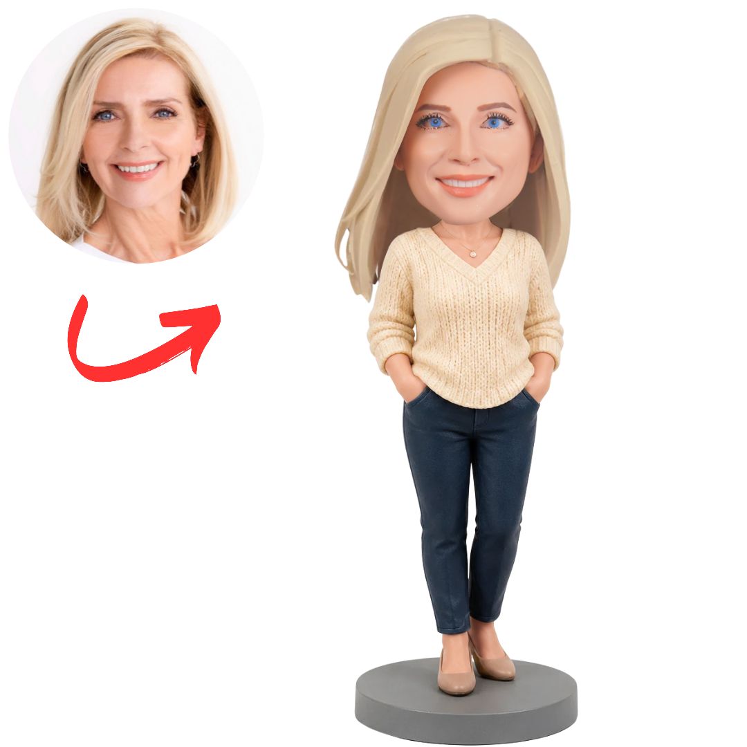 Aunt Custom Bobblehead in Cream Sweater and Dark Jeans