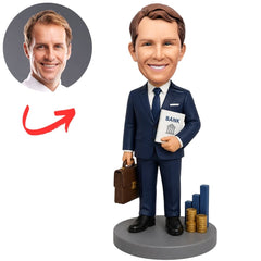 Male Banker Custom Bobblehead in Navy Suit with Briefcase