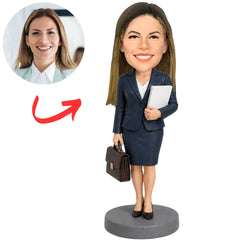 Female Banker Custom Bobblehead in Navy Skirt Suit with Folder