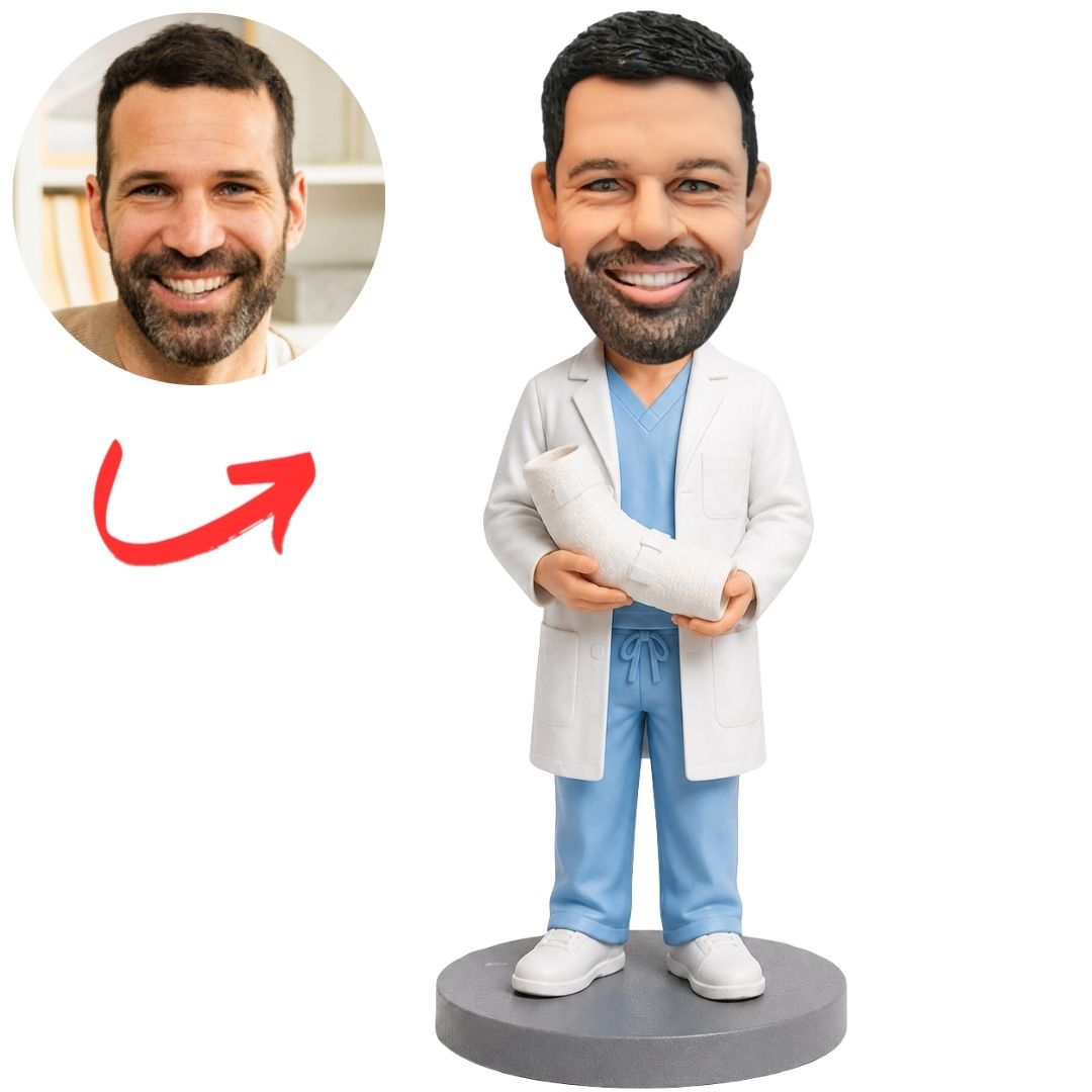 Male Dr. Custom Bobblehead in Blue Scrubs Holding Arm Cast