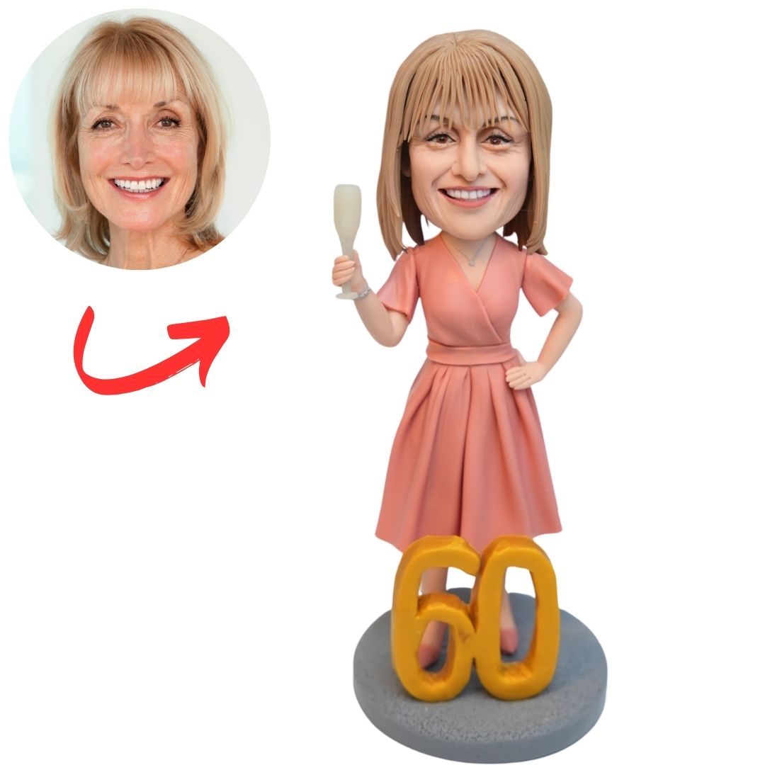 60th Birthday Woman in Pink Dress Holding Champagne Custom Bobblehead