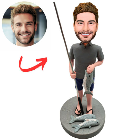 Man Fishing in Grey Shirt Custom Bobbleheads