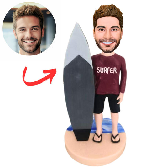 Happy Surfer with Surfboard Custom Bobbleheads