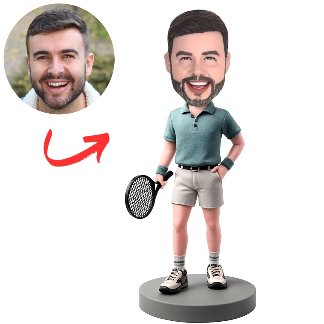 Blue Shirt Male Tennis Player Custom Bobbleheads