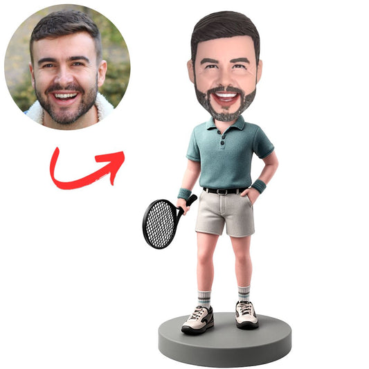 Blue Shirt Male Tennis Player Custom Bobbleheads