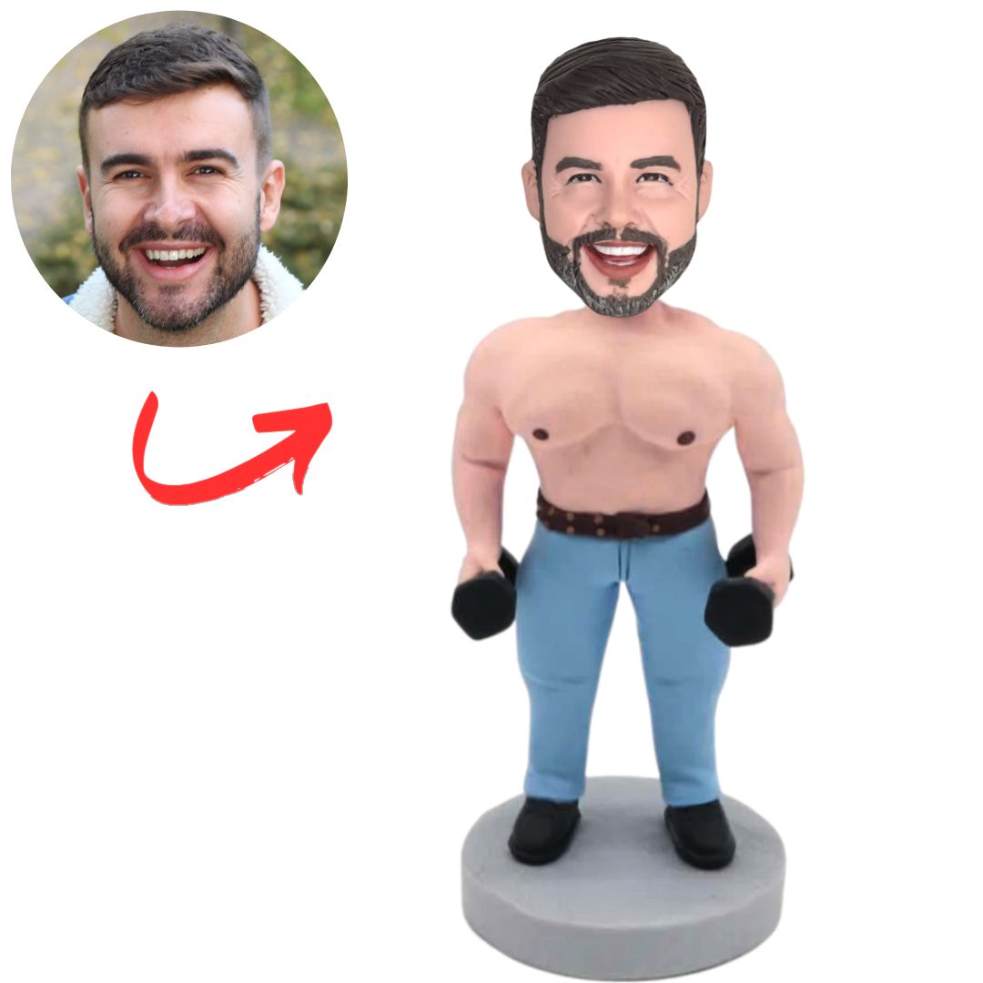 Custom Fitness Man Holding Two Dumbbells Bobbleheads