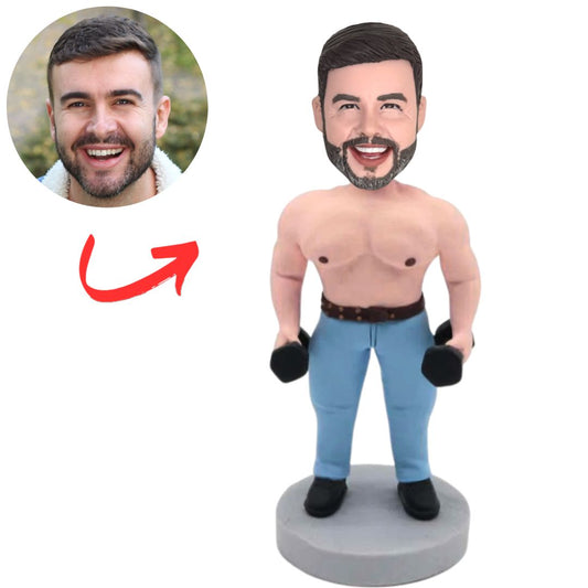 Custom Fitness Man Holding Two Dumbbells Bobbleheads