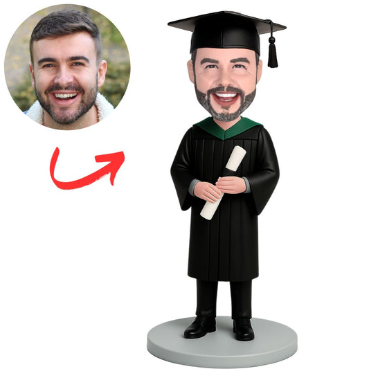Custom Boy with Green Graduation Stole Bobbleheads