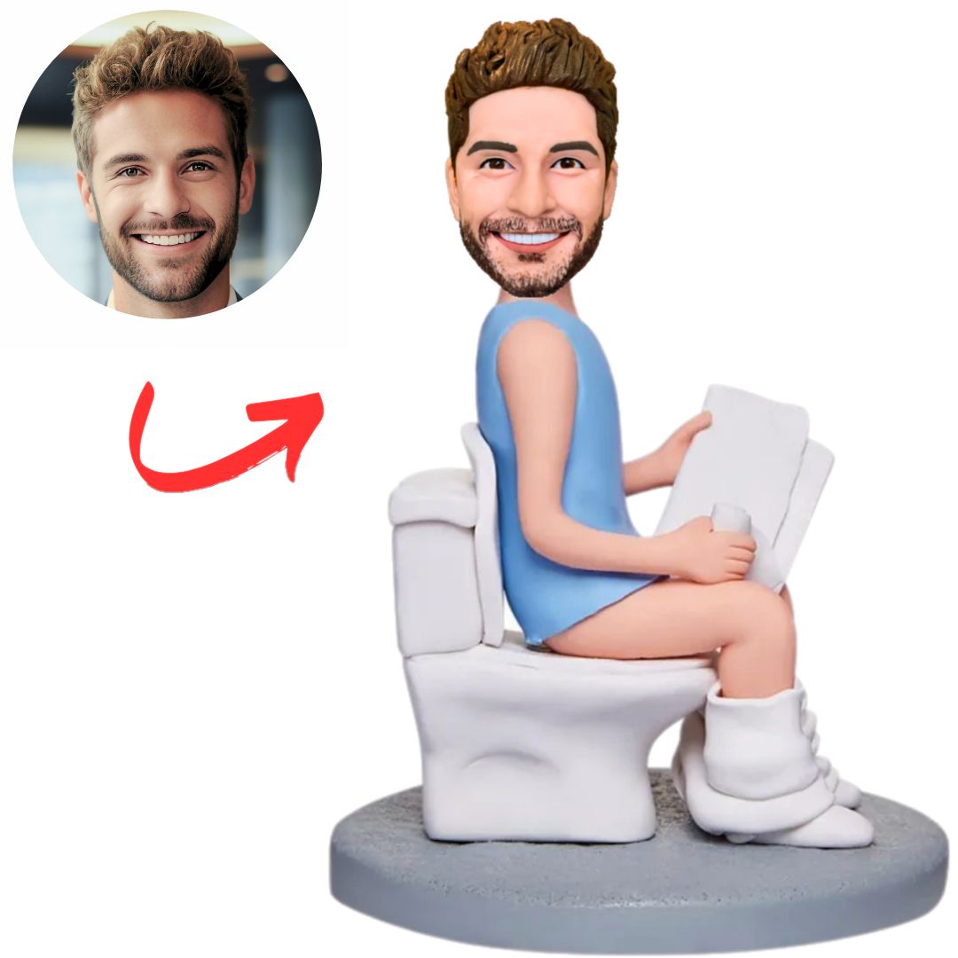 Custom Man Squatting on Toilet Holding Book Bobbleheads