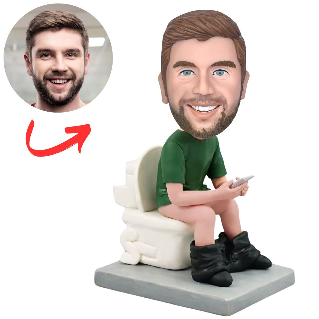 Man Sitting on Toilet Playing Phone Custom Bobbleheads