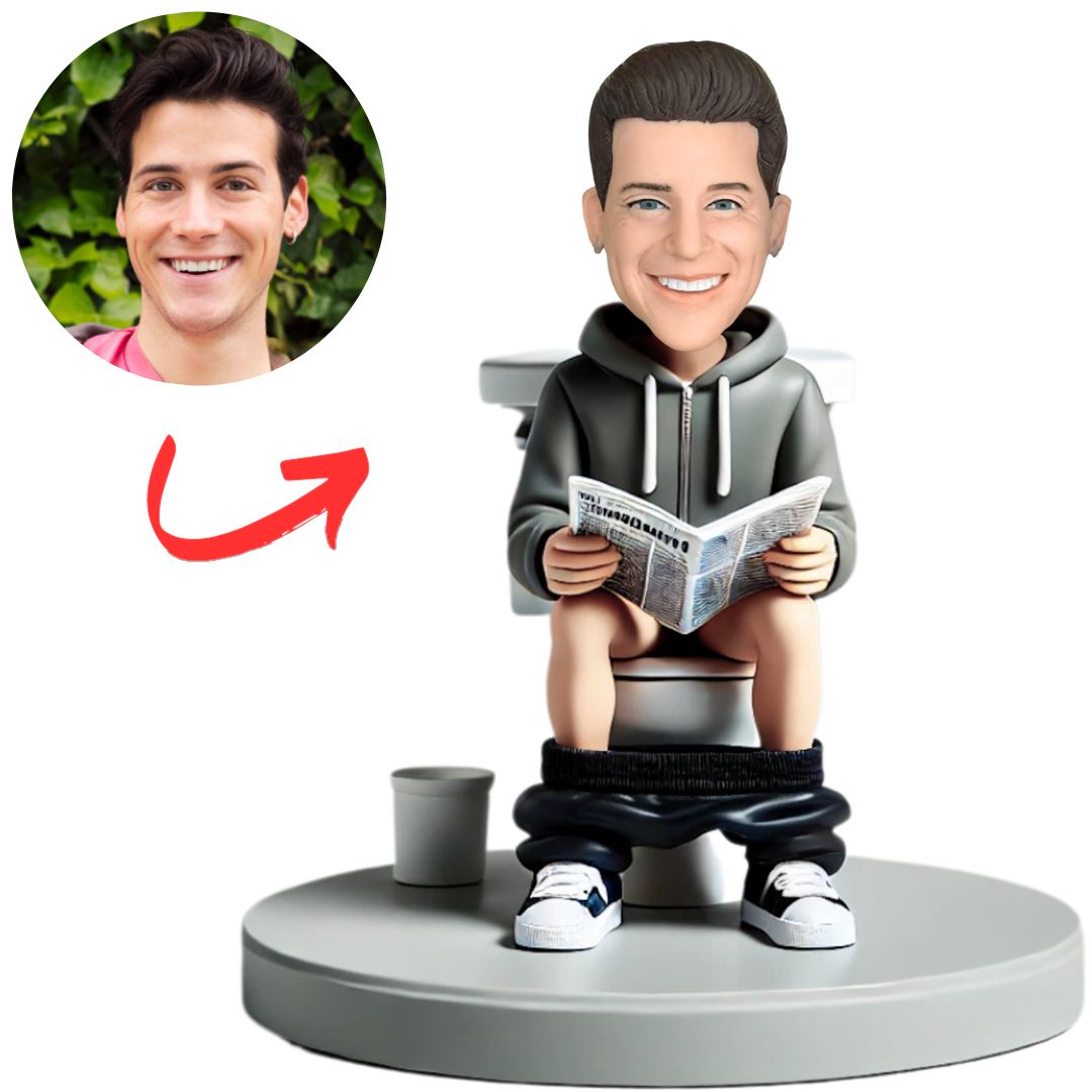 Man Squatting on Toilet Reading Newspaper Custom Humorous Bobbleheads