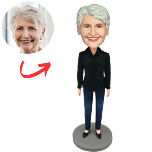 Business Woman in Black Coat Custom Bobbleheads