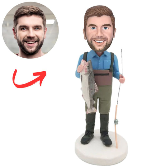 Custom Fishmen Bobbleheads Man Holding Fish And Fishing Gear