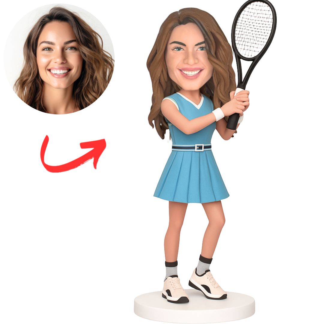 Custom Tennis Bobbleheads Female Tennis Player in Blue Dress