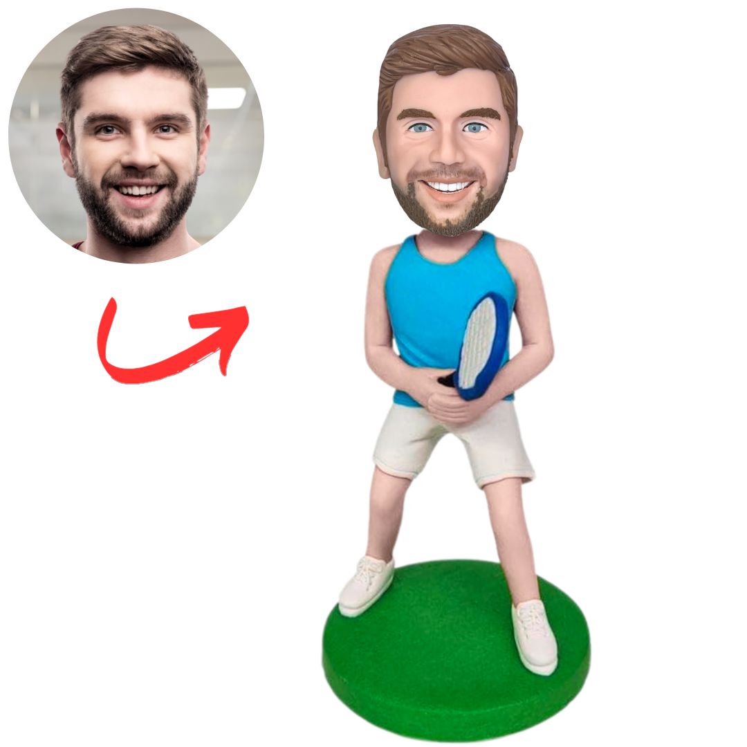 Custom Tennis Bobbleheads Male Tennis Player in Blue Vest